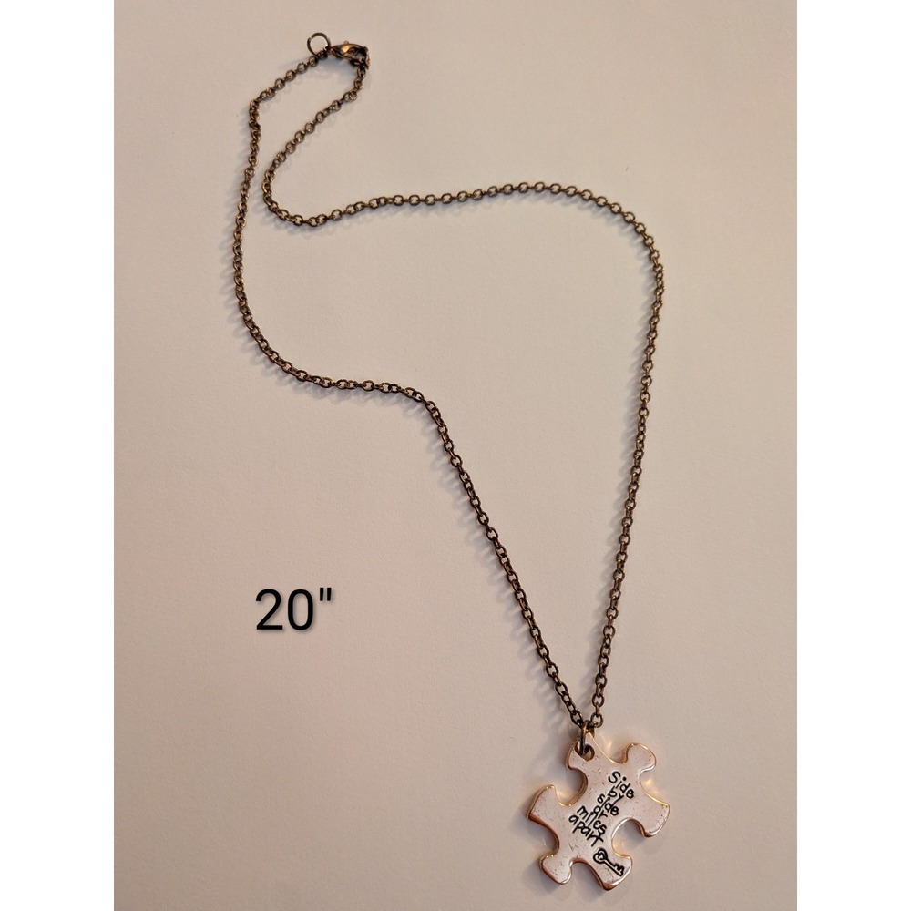 Puzzle Piece Necklace Side By Side Or Miles Apart Pendant Bronze Chain 20 inch